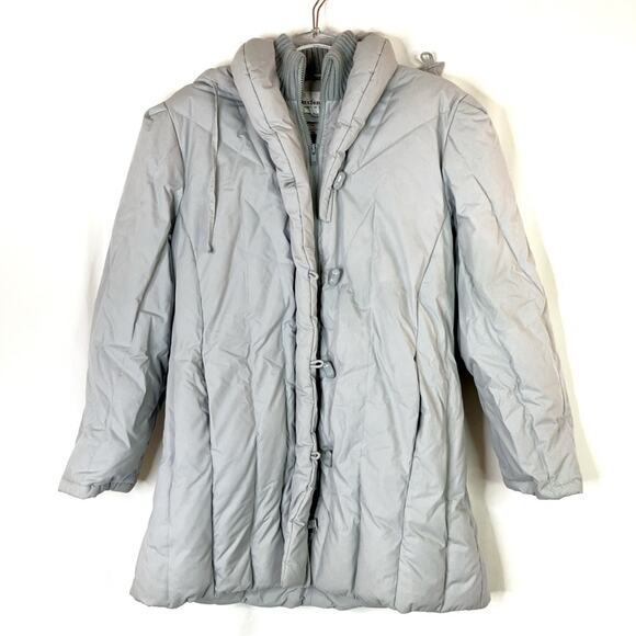 Saxton Hall | Vintage Down Feather Women's Light Gray Hooded Puffy Coat M Petite - Picture 1 of 10